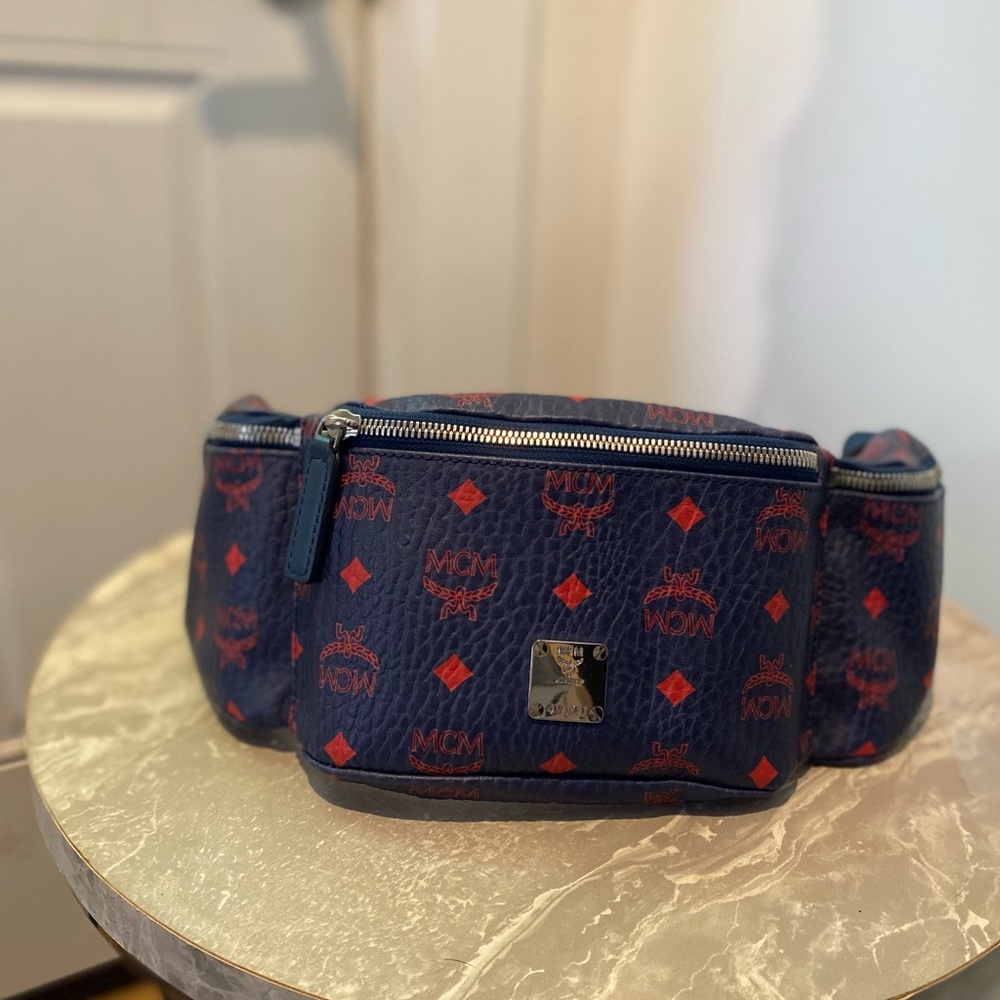 MCM Men’s Blue Visetos Coated Canvas Sling Waist Bag Fanny Pack